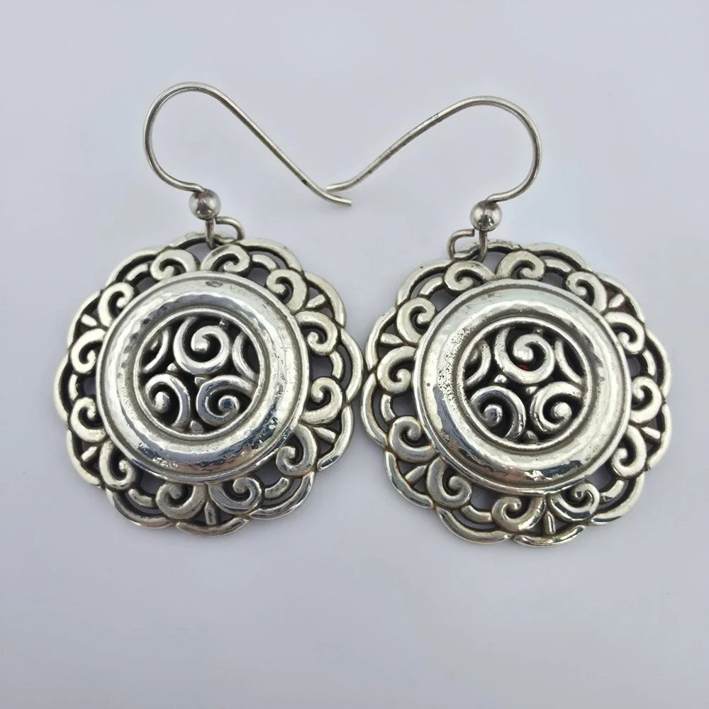 BRIGHTON 'Woodstock Moonflower' Earrings Ornate Scrollwork Silver Plate 1.5